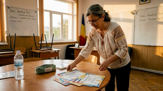 Doamna profesoară așază diplomele pe catedră, pregătindu-le pentru elevi.