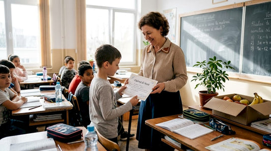 Un profesor își răsplătește un elev în fața clasei pentru rezultate deosebite.