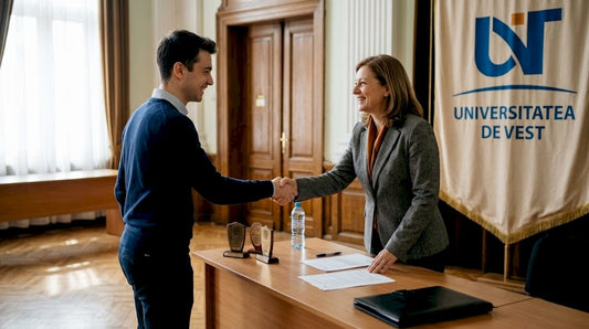 Student universitar recompensat pentru performanțe, într-o ceremonie festivă