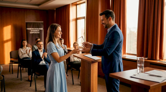 Organizatorul oferă trofeul din acril câștigătorului, în cadrul ceremoniei de premiere.