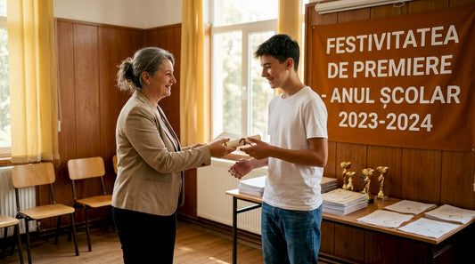 O profesoară îi înmânează unui elev diploma în fața clasei, într-o atmosferă plină de emoție și mândrie.