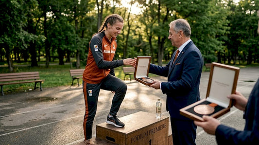 O sportivă își primește medalia pe podium, dar tribunele sunt pustii.