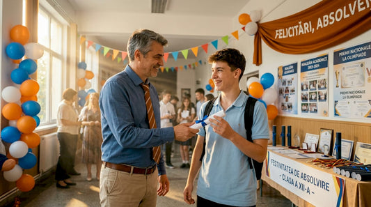 Profesorul îi înmânează elevului diploma, marcând astfel recunoașterea meritelor sale.
