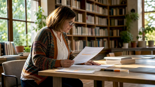 O doamnă analizează fișele de evaluare ale concursului