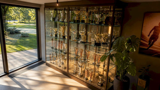 Vitrina cu trofee din holul clubului sportiv