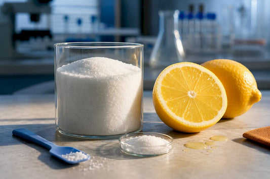 Cristale de acid citric lângă o lămâie